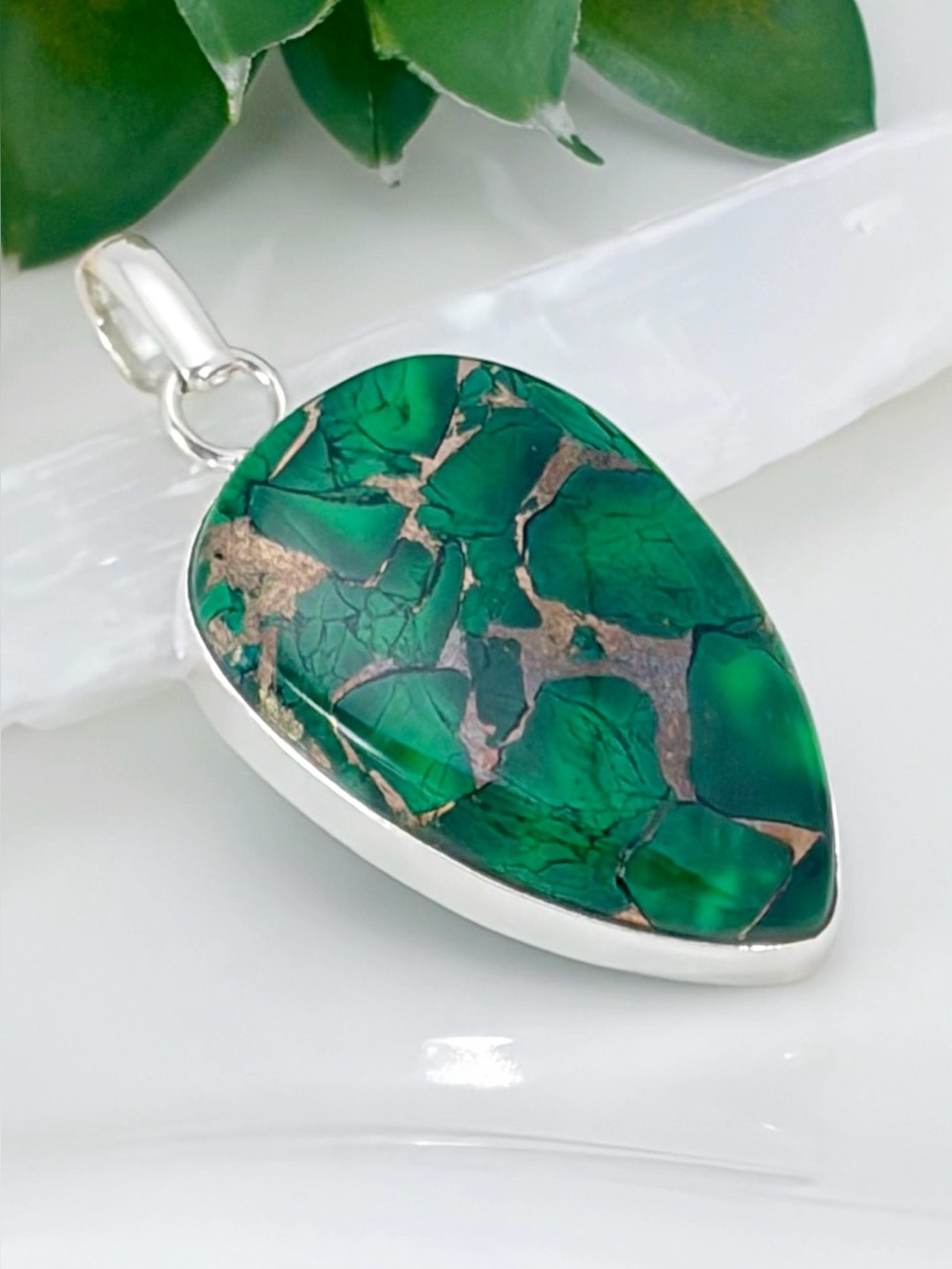 Sterling Silver 925 Green Kingman Turquoise Malachite Copper Pendant Handmade